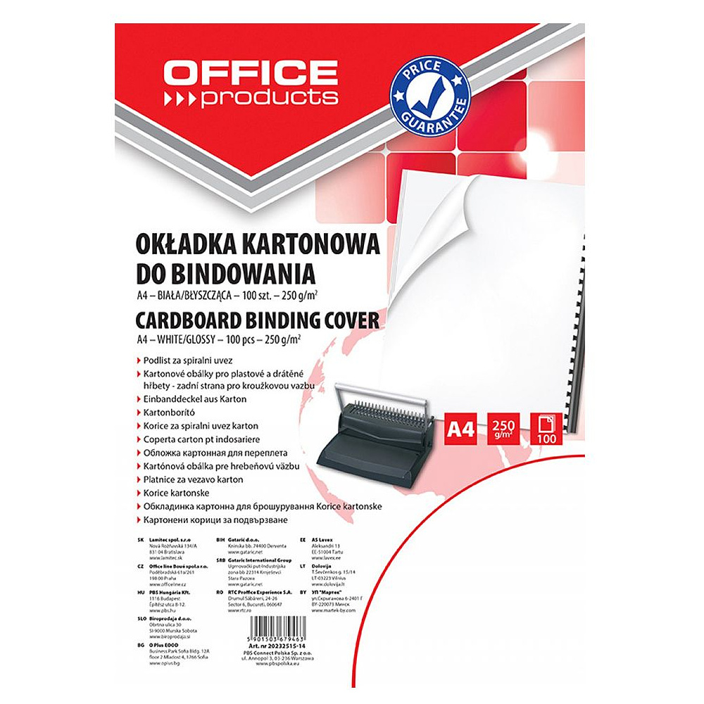 Обложка для переплета "Office Products", A4, картон глянцевый, 250 г/м2, 100 шт., белый