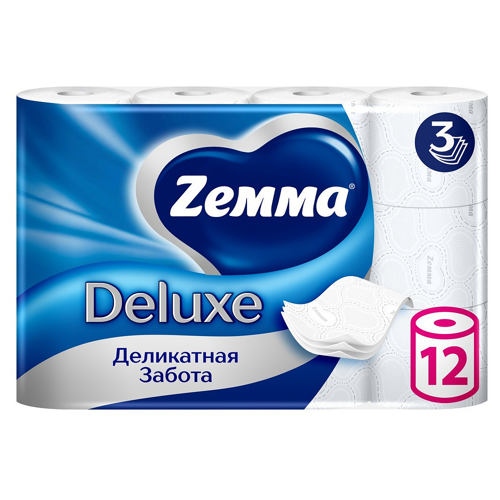Бумага туалетная Zemma Deluxe, 12 рулонов, 3 слоя, белый