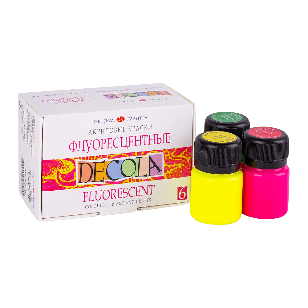 Краска акриловая флуоресцентная "Декола", набор 6 цветов, 20 мл, банки - 2