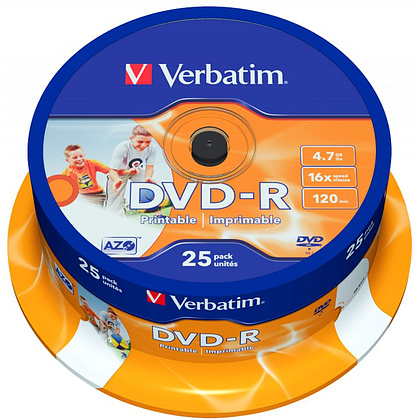 Диск "Wide Inkjet Printable", DVD-R, 4.7 гб, круглый бокс, 25 шт