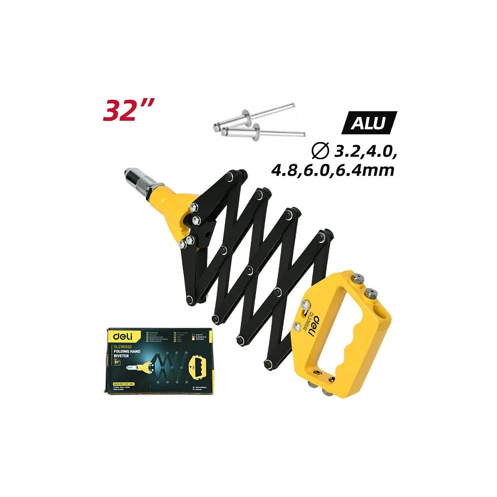 Заклепочник рычажно-складной Deli YS EDL236932, 812 мм, 3.2-6.4 мм, желтый, черный - 2