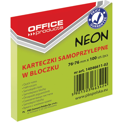 Бумага для заметок "Office Products", 76x76 мм, 100 листов, зеленый неон 