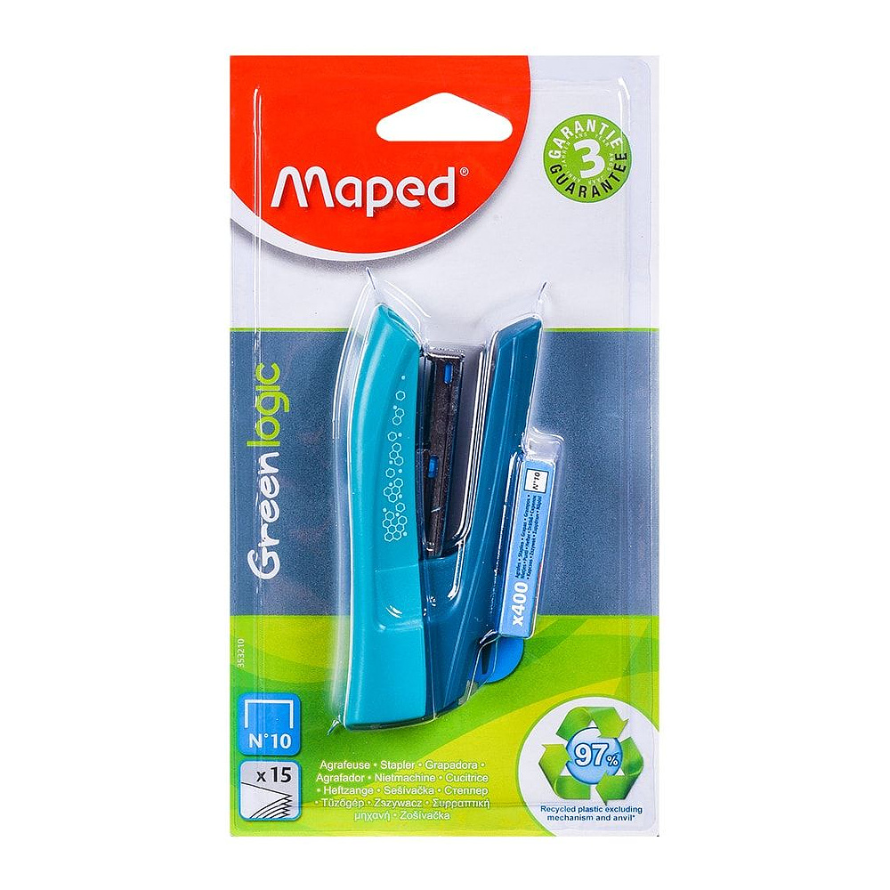 Скобосшиватель Maped "Greenlogic", №10, 15 листов, ассорти