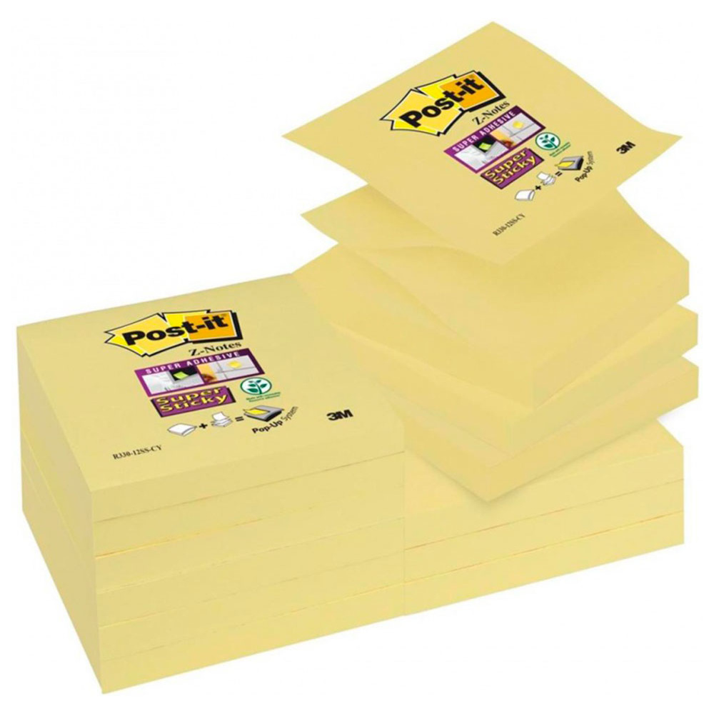 Бумага для заметок на клейкой основе "Post-it SuperSticky Z-Notes. R330-12SS-CY", 76x76 мм, 90 листов, желтый