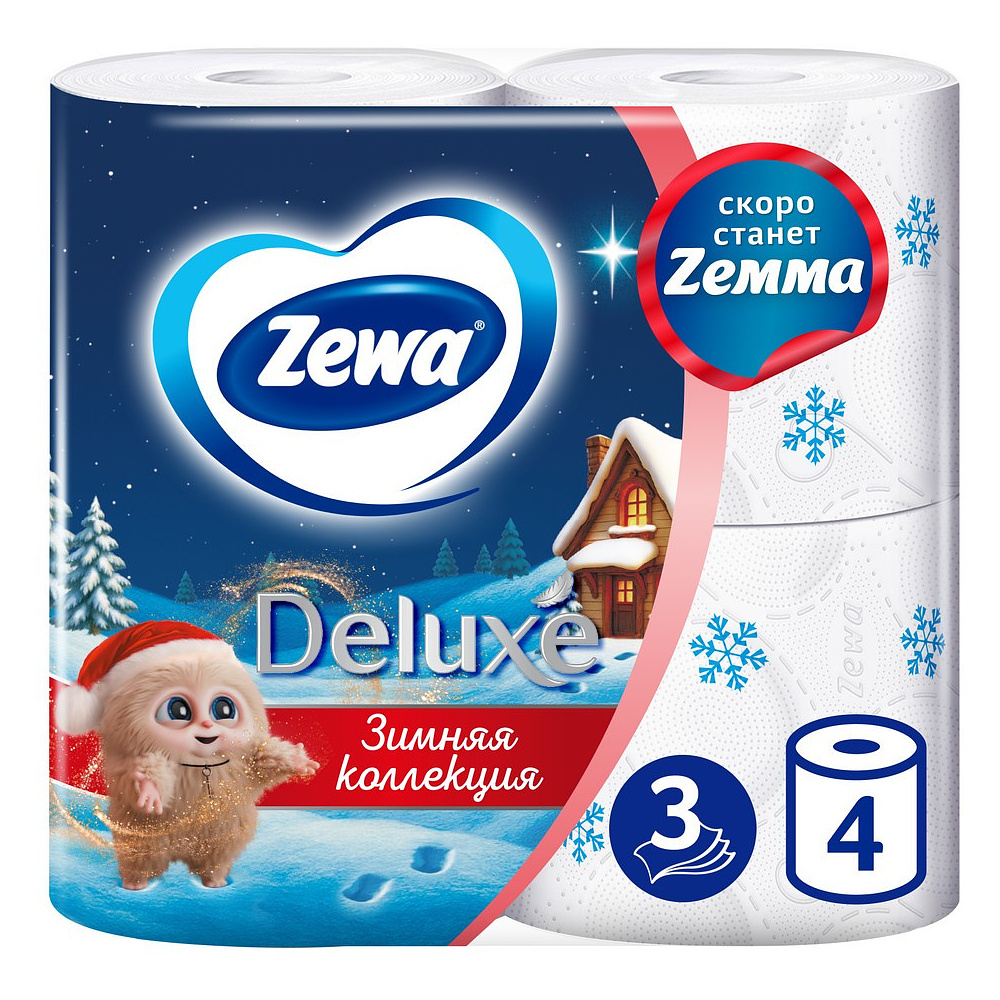Бумага туалетная "Zewa Deluxe", 3 слоя, 4 рулона