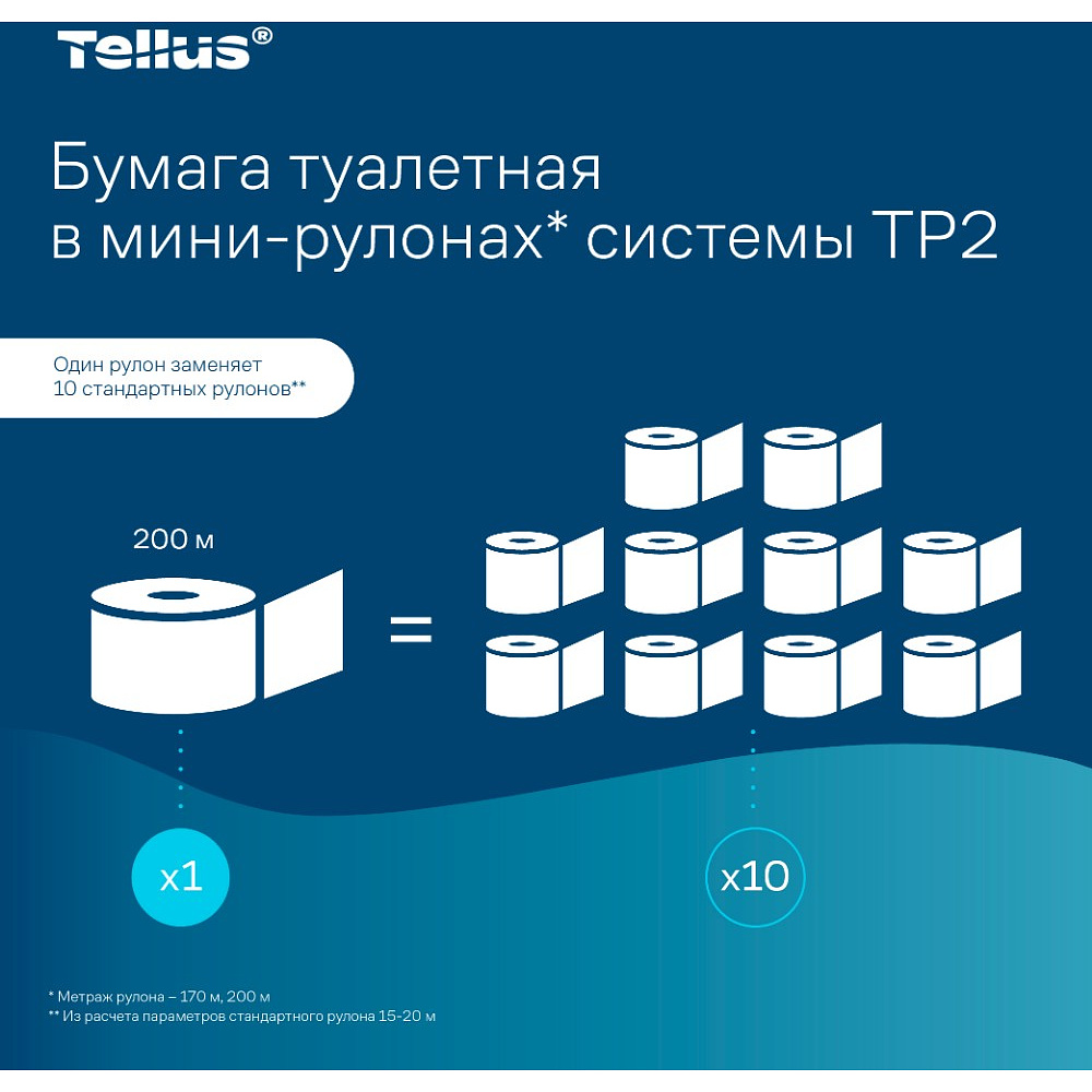 Бумага туалетная Tellus Премиум TP2, в мини-рулонах, 170 м, 2 слоя - 12