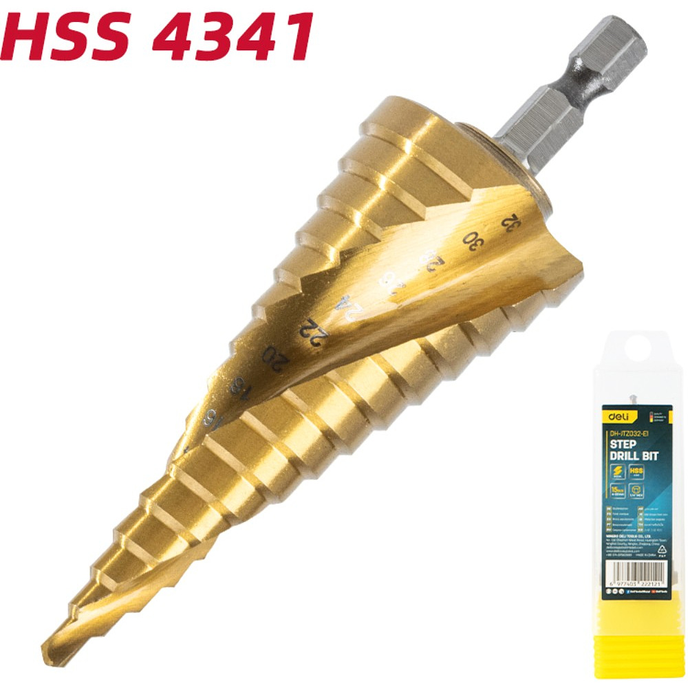 Сверло ступенчатое Deli YS EDH-JTZ032-E1, 4-32 мм, TiN, титановое покрытие - 2