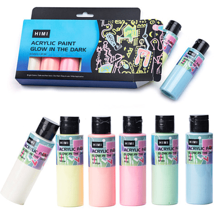 Краски акриловые "Himi", 6 цветов, светящиеся в темноте, флаконы