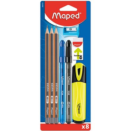 Набор карандашей простых "Maped" + ластик, точилка, ручка шариковая, маркер текстовый