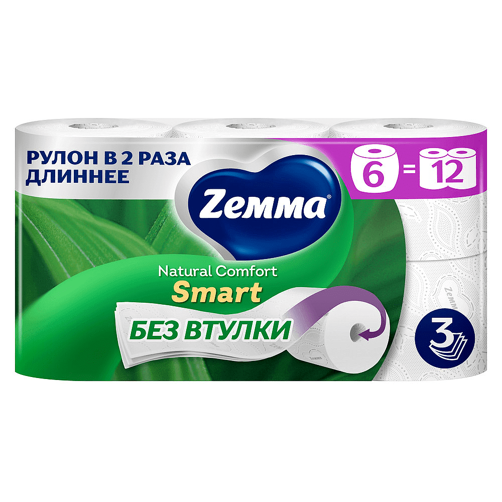 Бумага туалетная Zemma Natural Comfort Smart, 6 рулонов, 3 слоя, белый