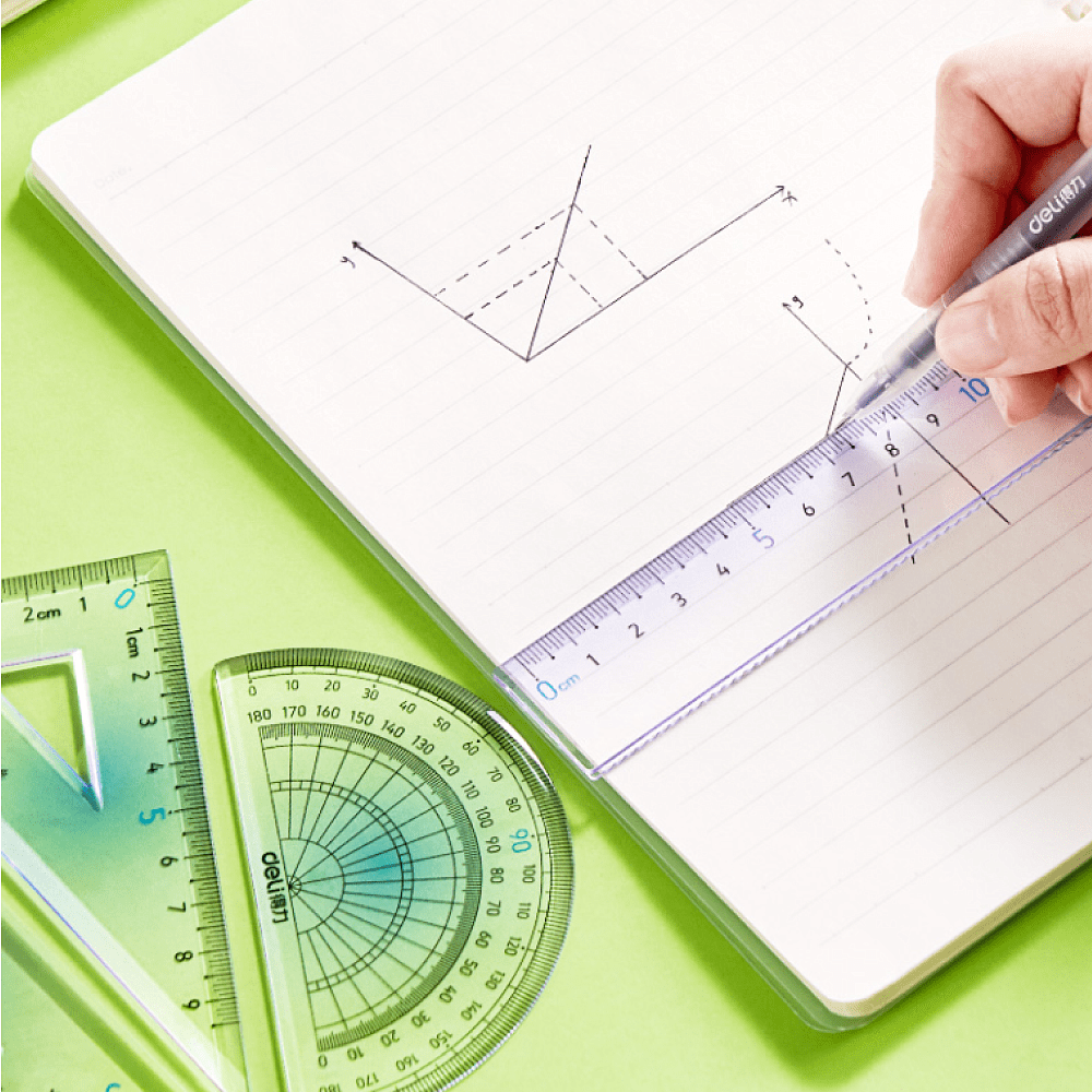 Набор чертежный "Deli VC158": линейка 15 см, треугольник 45 и 60 гр, транспортир 180 гр, ассорти - 4