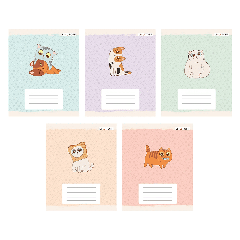 Тетрадь "Котики (Универсальная плашка)", А5, 12 листов, линейка, скоба сбоку, ассорти