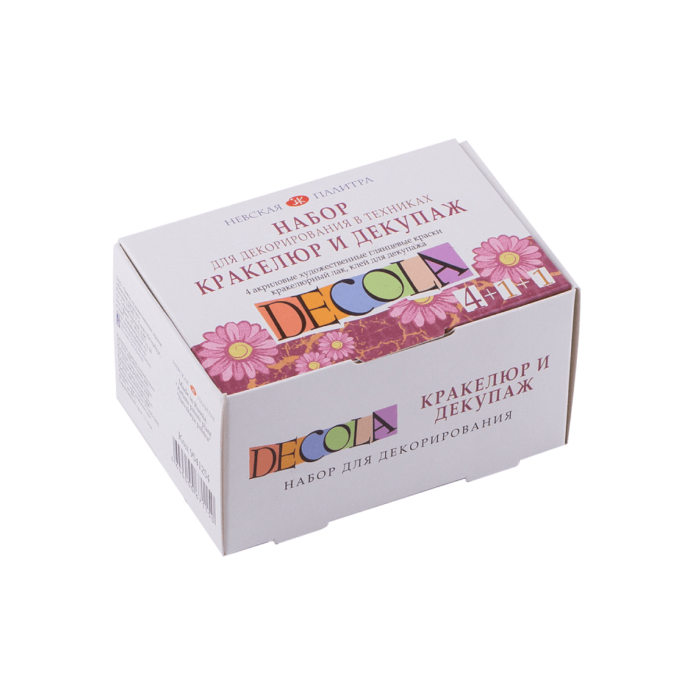 Краска акриловая "Декола", набор 4 цвета, 20 мл, банки, кракелюрный лак и клей для декупажа