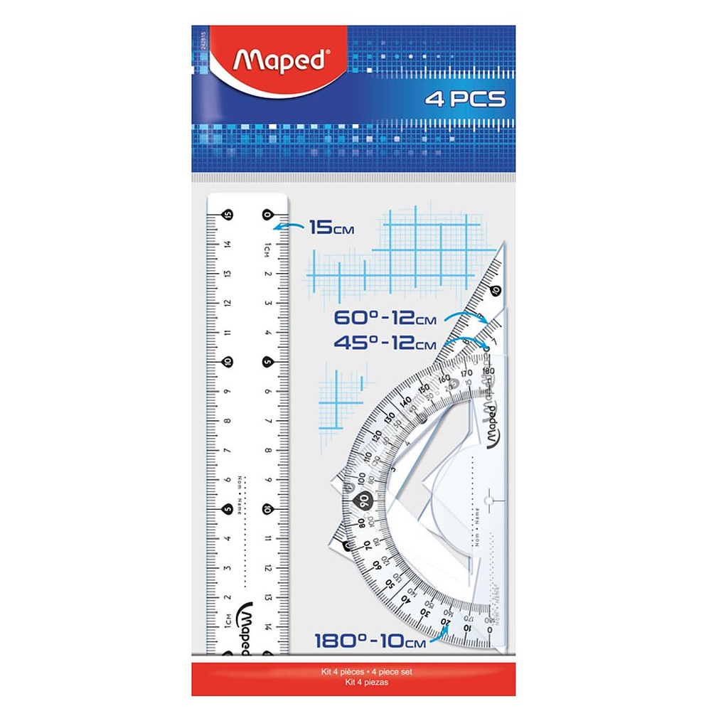 Набор чертежный "Maped": линейка 15 см, треугольник 45 и 60 гр, транспортир 180 гр, прозрачный