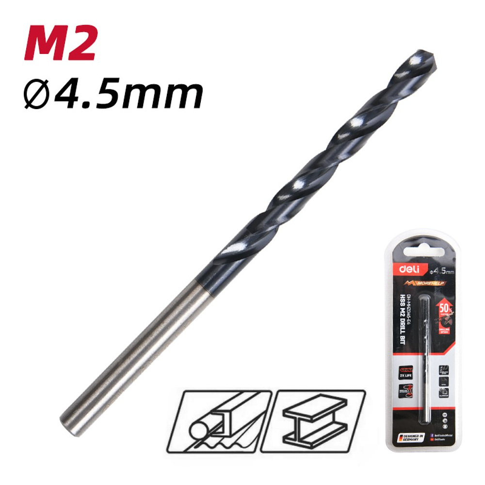 Сверло по металлу Deli RS EDH-MHZ045-E4, 4.5 мм, DIN 338, HSS-TiN - 2