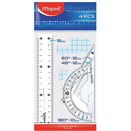 Набор чертежный "Maped": линейка 15 см, треугольник 45 и 60 гр, транспортир 180 гр, прозрачный