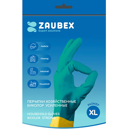 Перчатки латексные хозяйственные Zaubex БИКОЛОР, усиленные, р-р XL, зеленый, желтый