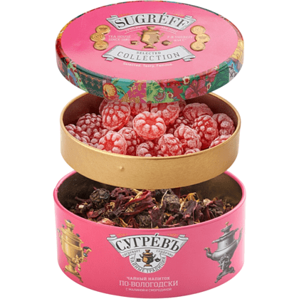 Чай "Сугревъ по-вологодски", фруктово-травяной, с малиной и смородиной, 40 г + карамель леденцовая со вкусом малины, 50 г