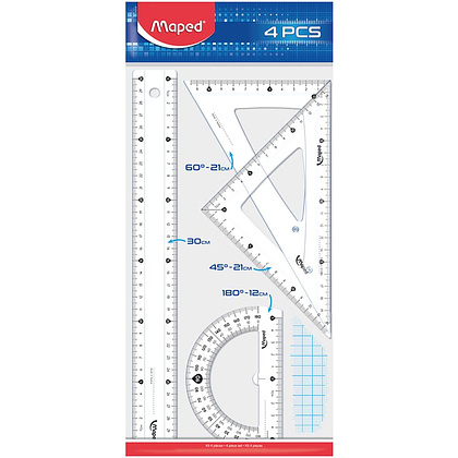 Набор чертежный Maped: линейка 30 см, треугольник 45 и 60 гр, транспортир 180 гр, прозрачный