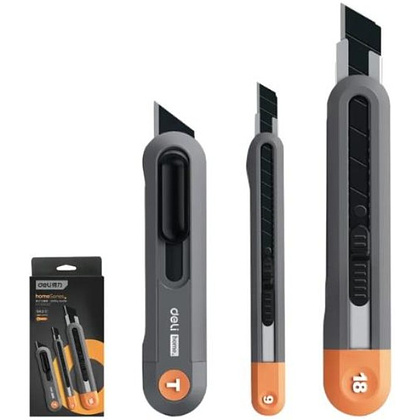 Набор ножей строительных Deli HS EHT4003C, 3 шт (ножи 9мм/18мм/трапеция), Soft Touch, оранжевый