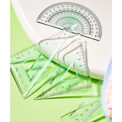 Набор чертежный "Deli VC158": линейка 15 см, треугольник 45 и 60 гр, транспортир 180 гр, ассорти - 2