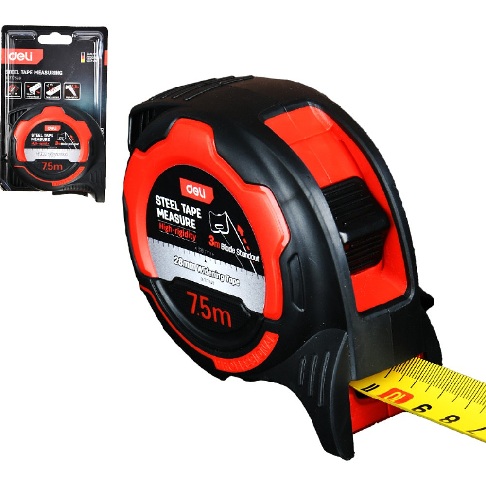 Рулетка Deli RS EDL377528, 7.5 м х 28 мм, метрическая, черный, красный - 2