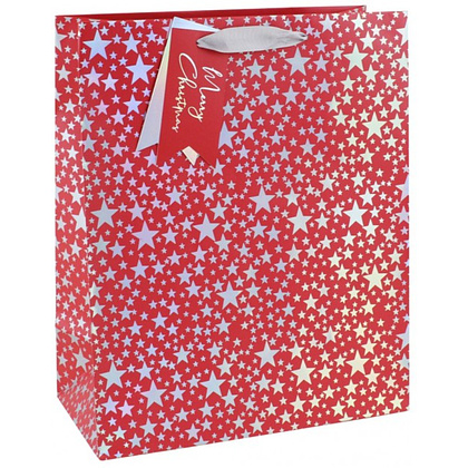 Пакет бумажный подарочный "Xmas Silver stars", 26.5x14x33 см, красный