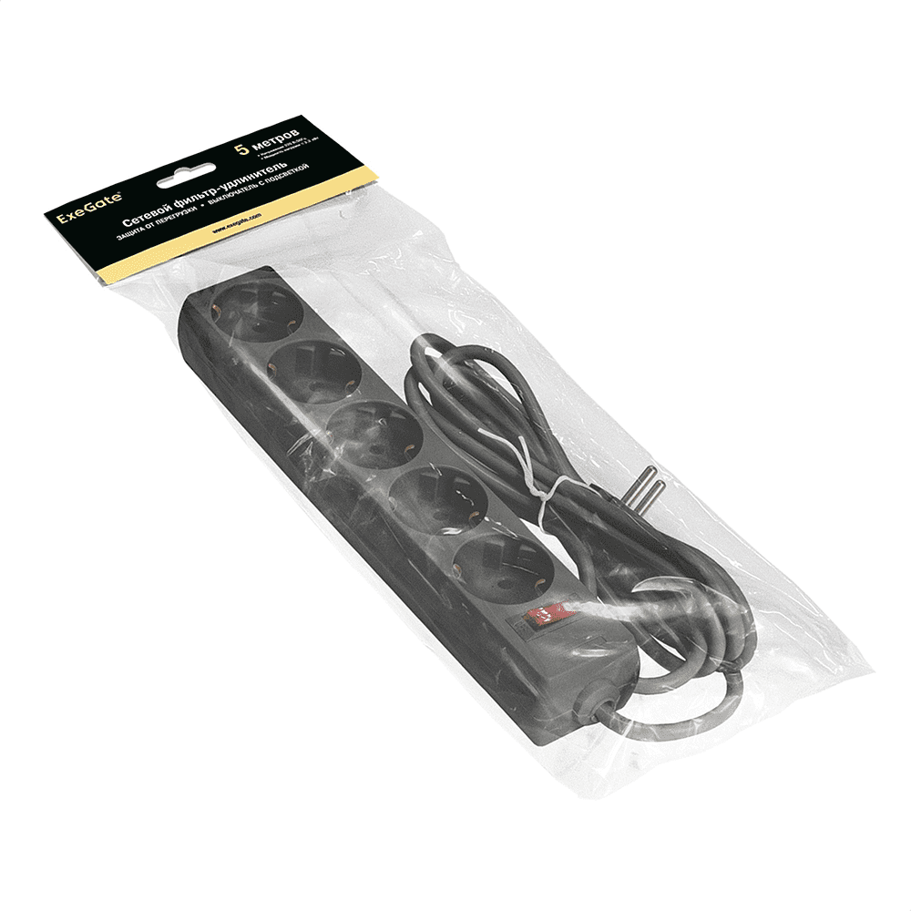 Сетевой фильтр ExeGate SP-5-5B, EX221188RUS, 5 розеток, 5 м, черный - 2