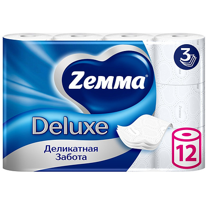 Бумага туалетная Zemma Deluxe, 12 рулонов, 3 слоя, белый