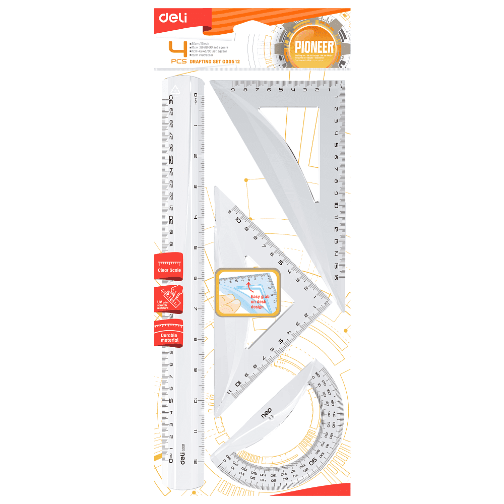 Набор чертежный "Deli EG00512": линейка 30 см, треугольник 45 и 60 гр, транспортир 180 гр, прозрачный