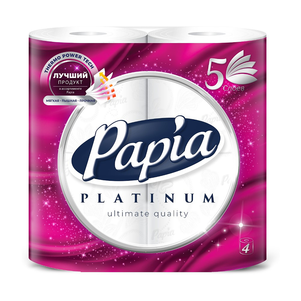 Бумага туалетная Papia Platinum, 11,9 м, 5 слоев, 4 рулона, 100% целлюлоза