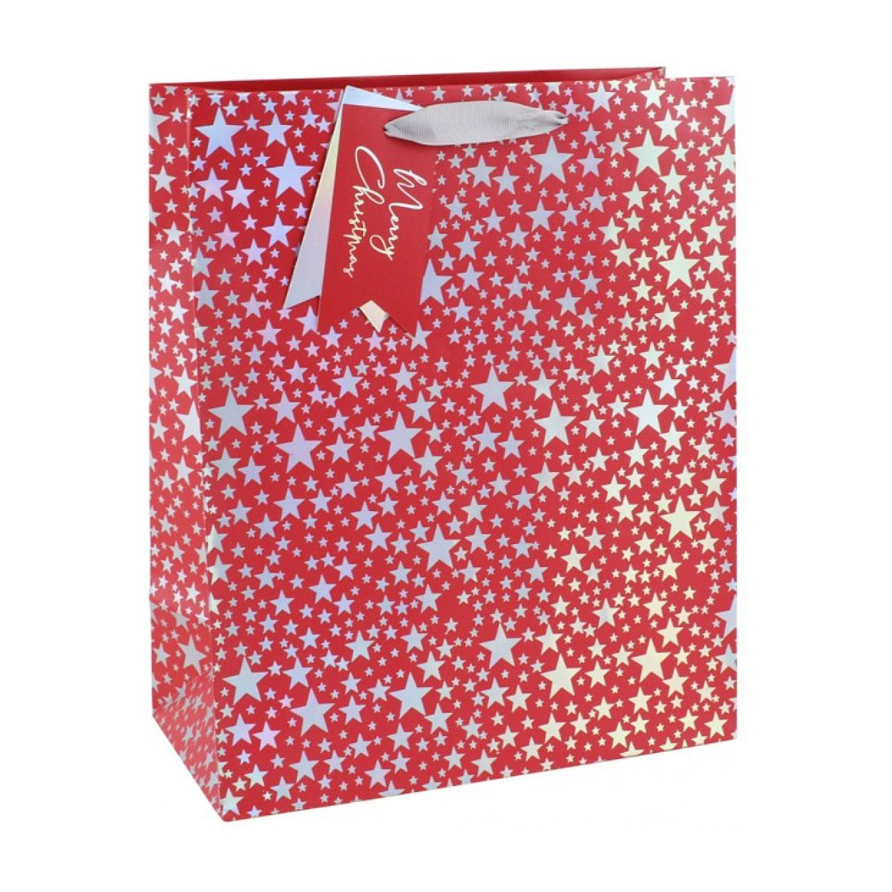 Пакет бумажный подарочный "Xmas Silver stars", 26.5x14x33 см, красный