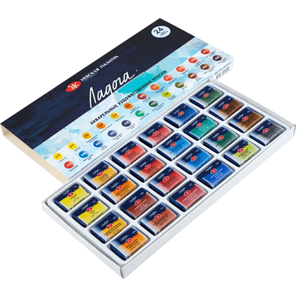 Краски акварельные "Ладога", набор 24 цветов, кюветы - 3