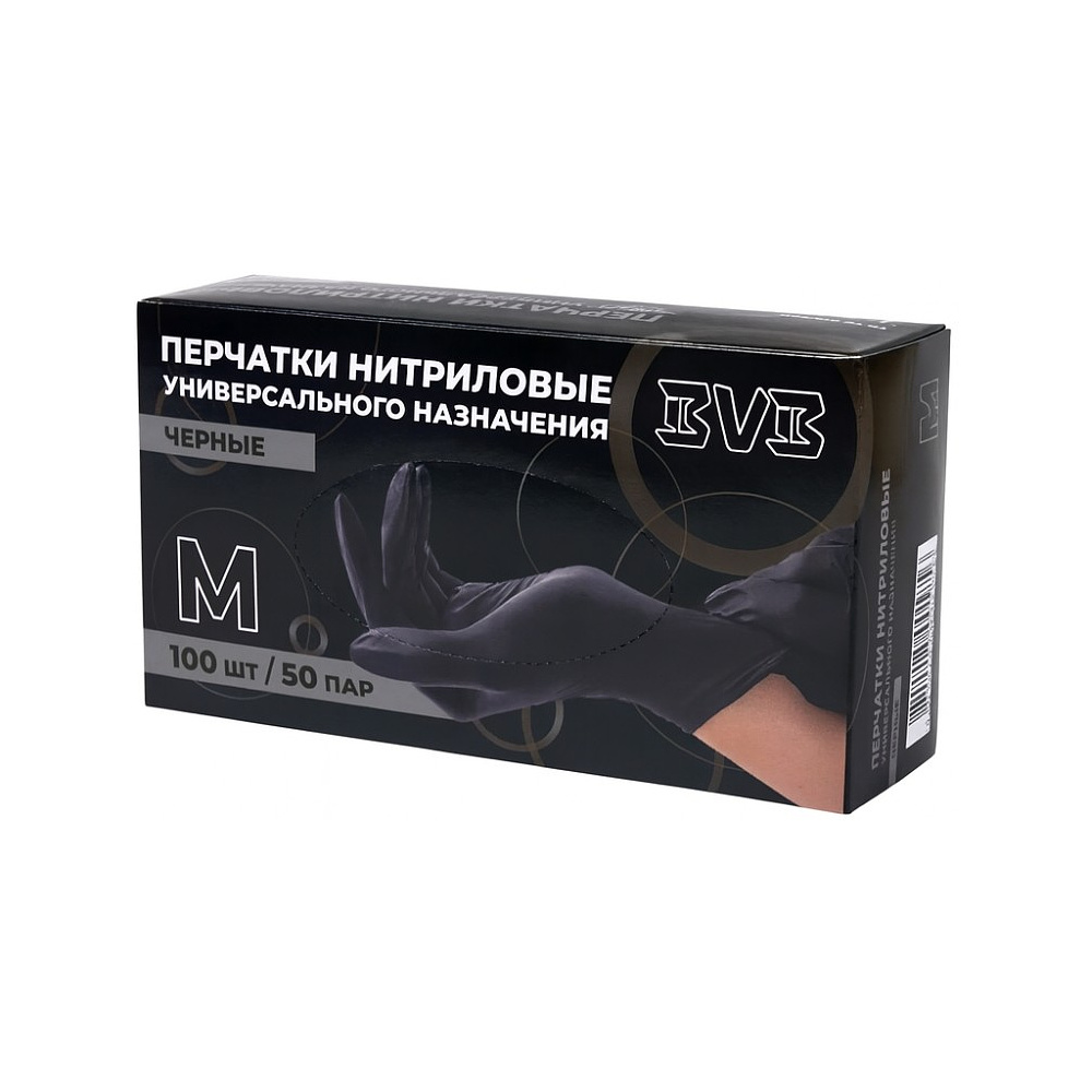 Перчатки нитриловые неопудренные одноразовые BVB, р-р M, 100 шт./уп., черный