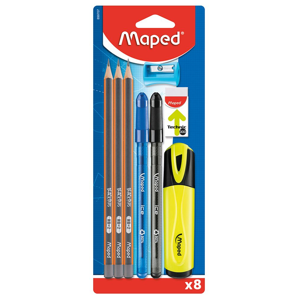 Набор карандашей простых "Maped" + ластик, точилка, ручка шариковая, маркер текстовый