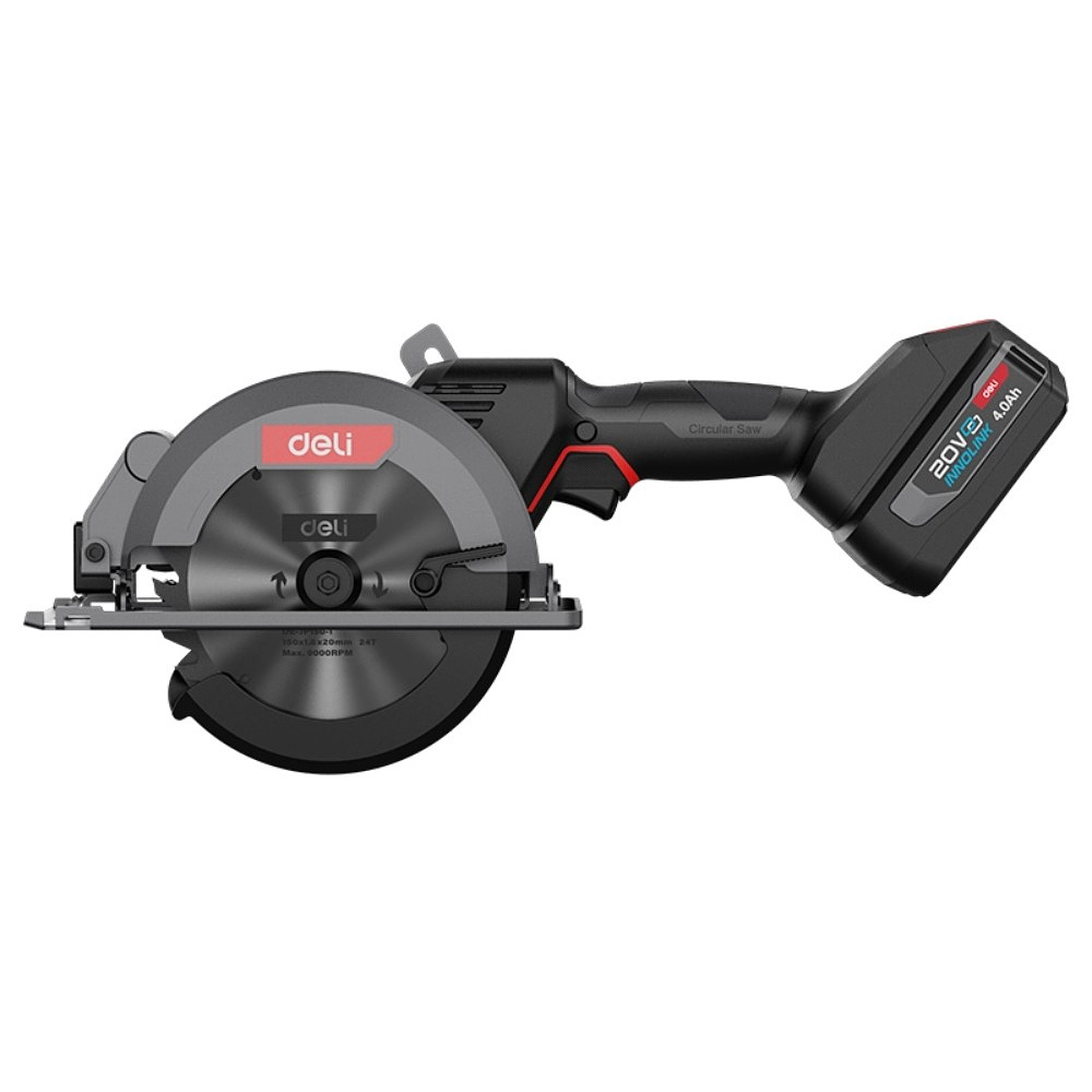 Пила циркулярная Deli RS EDE-YJ20-1D4, аккум., 150 мм, 6900 об/мин., до 40 мм., 4 А·ч*2, з/у 2А, коробка, черный
