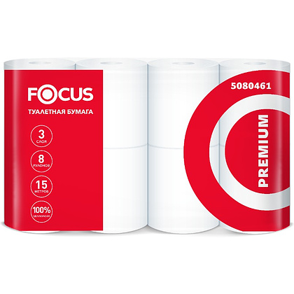 Бумага туалетная Focus Premium, 15 метров, 3 слоя, 8 рулонов, 100% целлюлоза