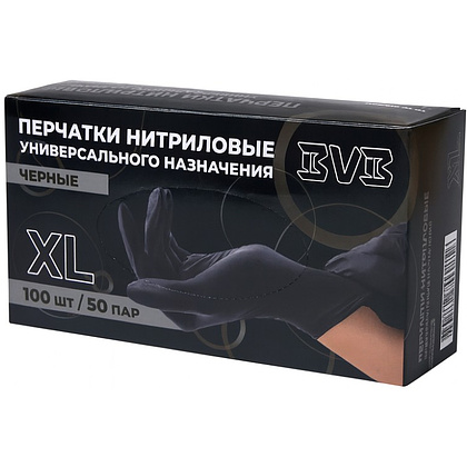 Перчатки нитриловые неопудренные одноразовые BVB, р-р XL, 100 шт./уп., черный