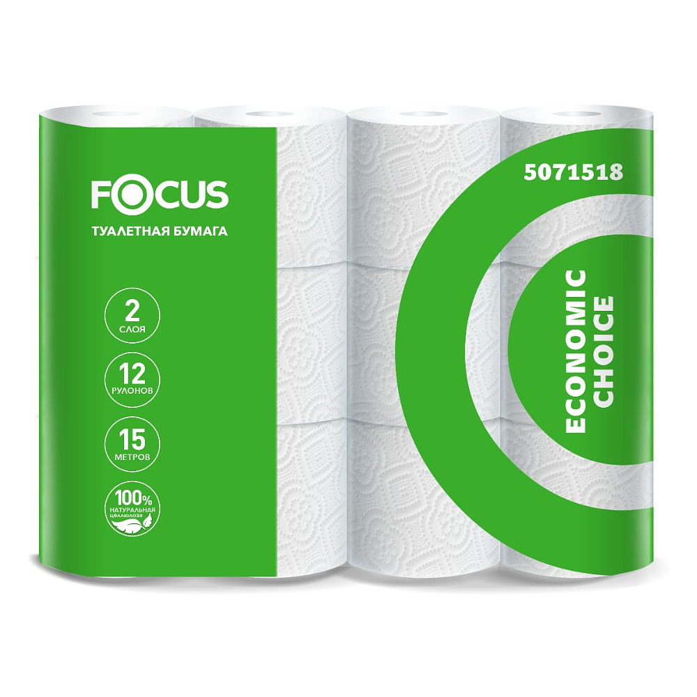 Бумага туалетная Focus Eco, 15 метров, 2 слоя, 12 рулонов, 100% целлюлоза