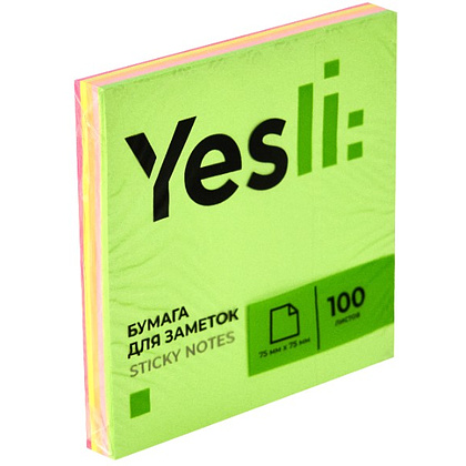 Бумага для заметок на клейкой основе "Yesli:", 75x75 мм, 100 листов,, ассорти неон