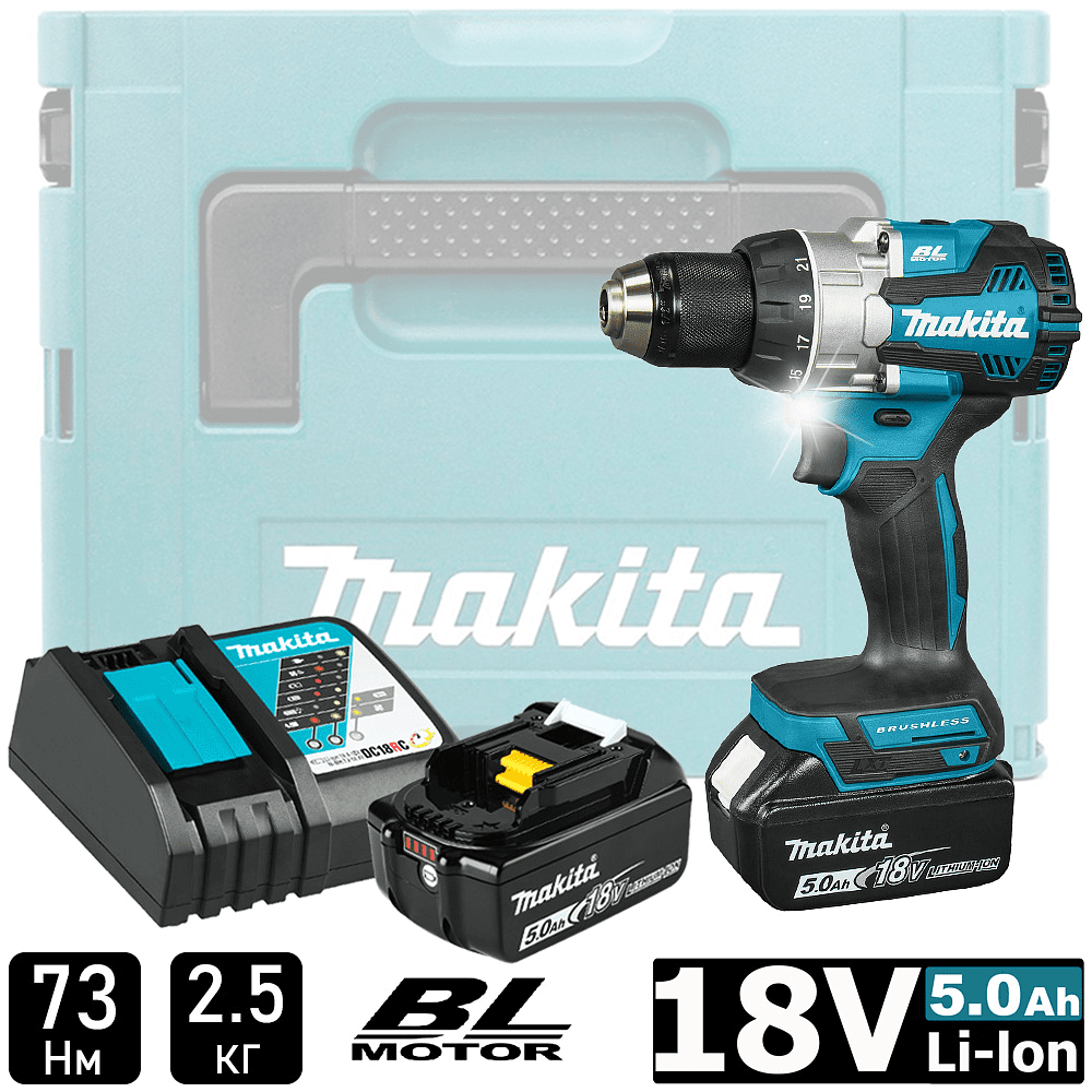 Дрель-шуруповерт аккумуляторная MAKITA DDF489RTJ, 18 В, 73 Нм, 5.0Ачx2, MakPac 2