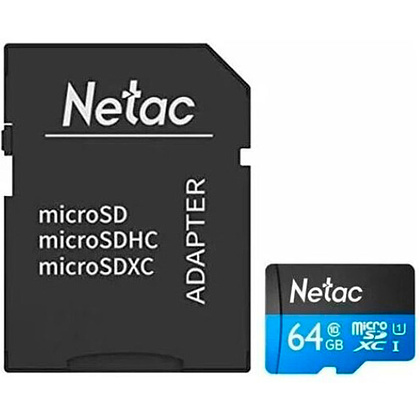 Карта памяти MicroSDXC "Netac P500 Standard", 64GB, U1/C10, с адаптером