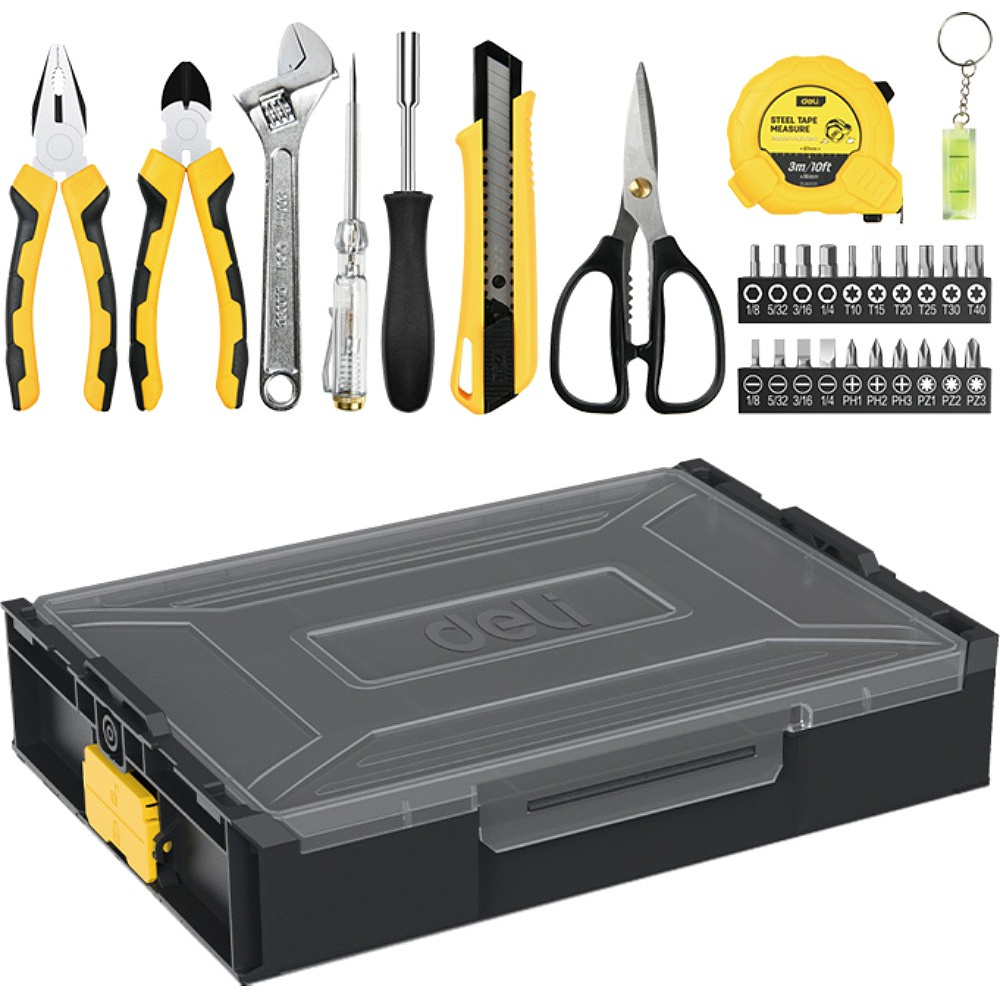Набор ручного инструмента "Deli", 29 предметов, чемодан, черный, желтый