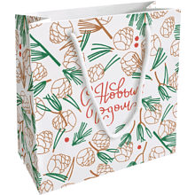 Пакет бумажный подарочный "Holidays. Шишки", 20х20х8 см, белый