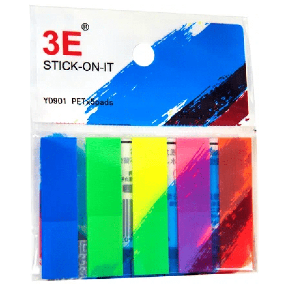 Закладки пластиковые "3E", 12x45 мм, 5 цветов x 20 шт, ассорти неон - 2