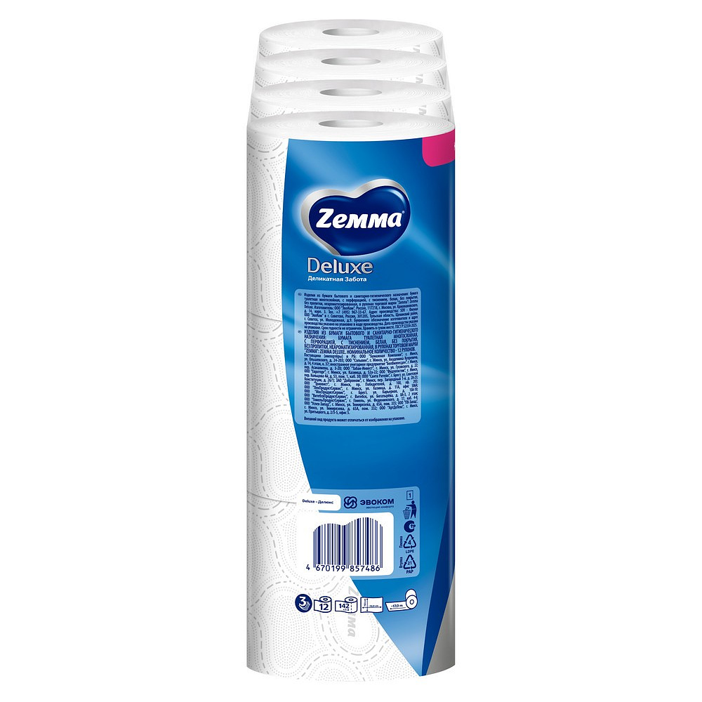 Бумага туалетная Zemma Deluxe, 12 рулонов, 3 слоя, белый - 4
