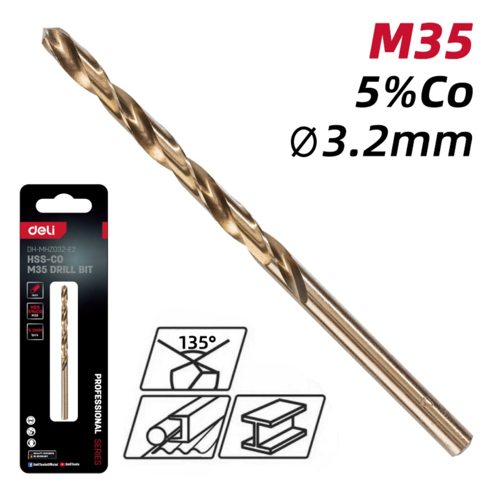 Сверло по металлу Deli RS EDH-MHZ032-E2, 3.2 мм, DIN 338, HSCo 5%