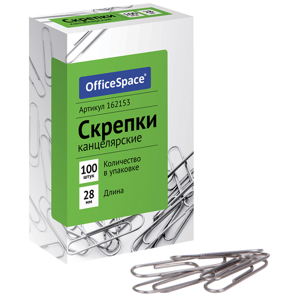 Скрепки "OfficeSpace", 28 мм, металлические, 100 штук, овальные, серебристый