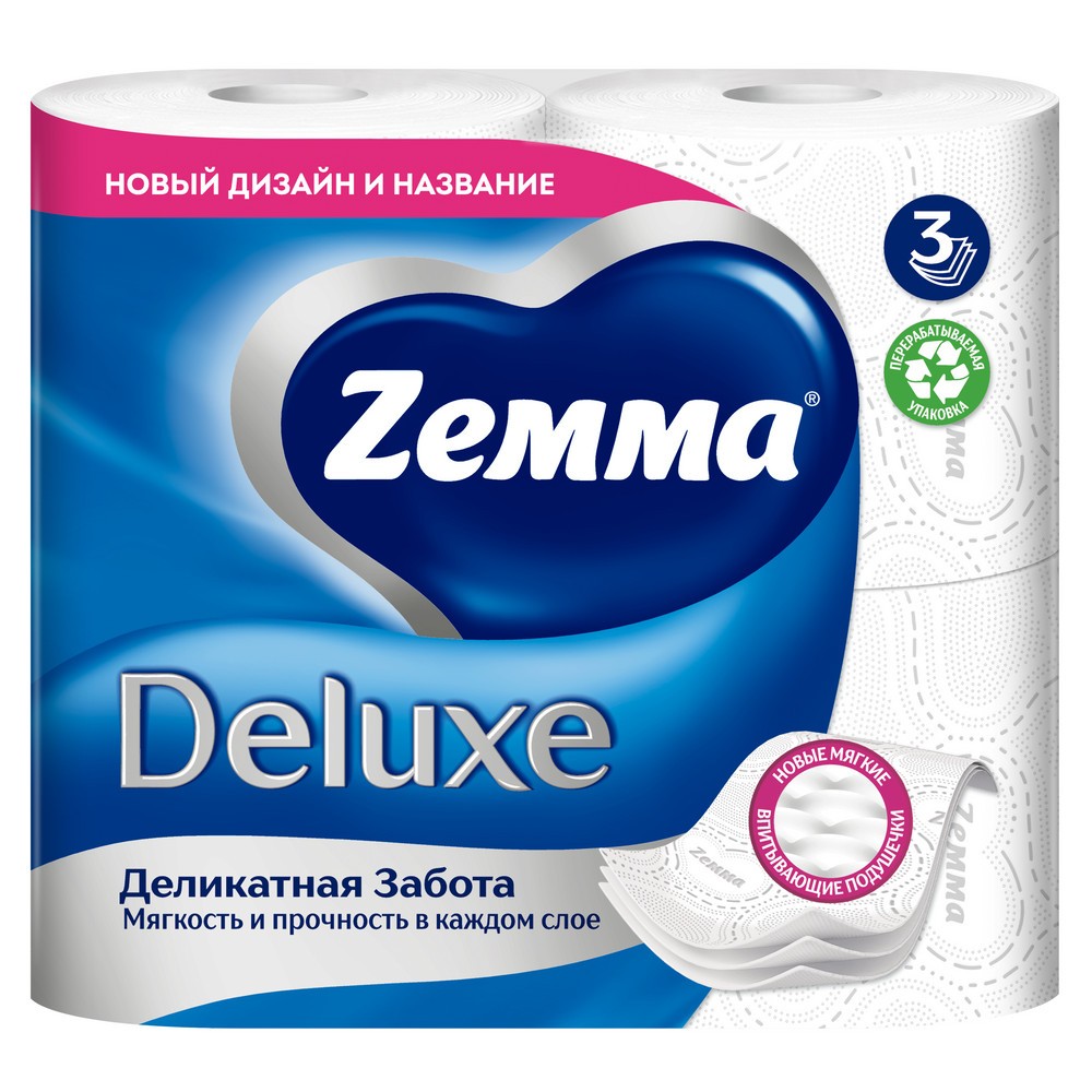 Бумага туалетная Zemma Deluxe, 4 рулона, 3 слоя, белый