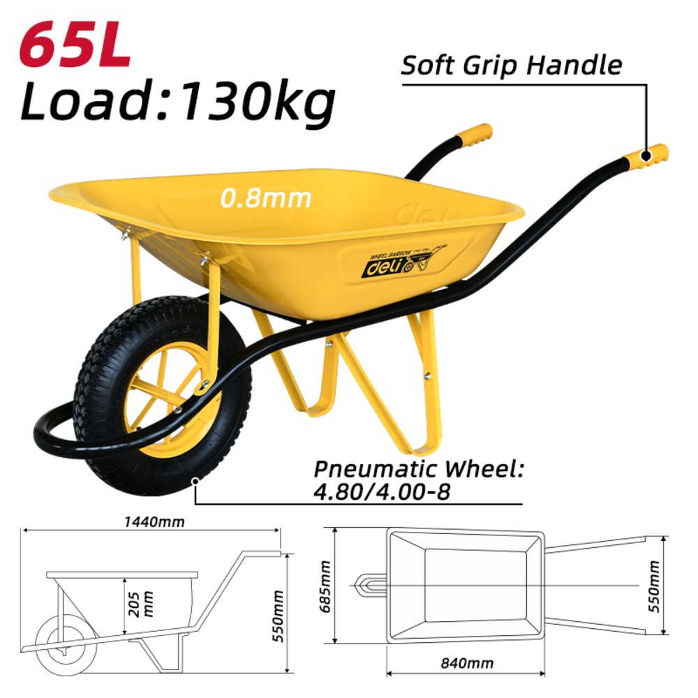Тачка Deli YS EDL436065 65 л строительная, 130 кг, 1 пневмоколесо - 6